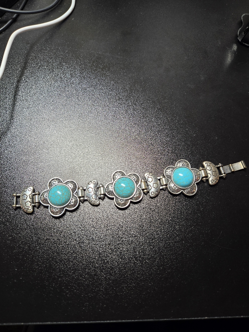 Turquoise Flower Link Bracelet - Silver Floral Design